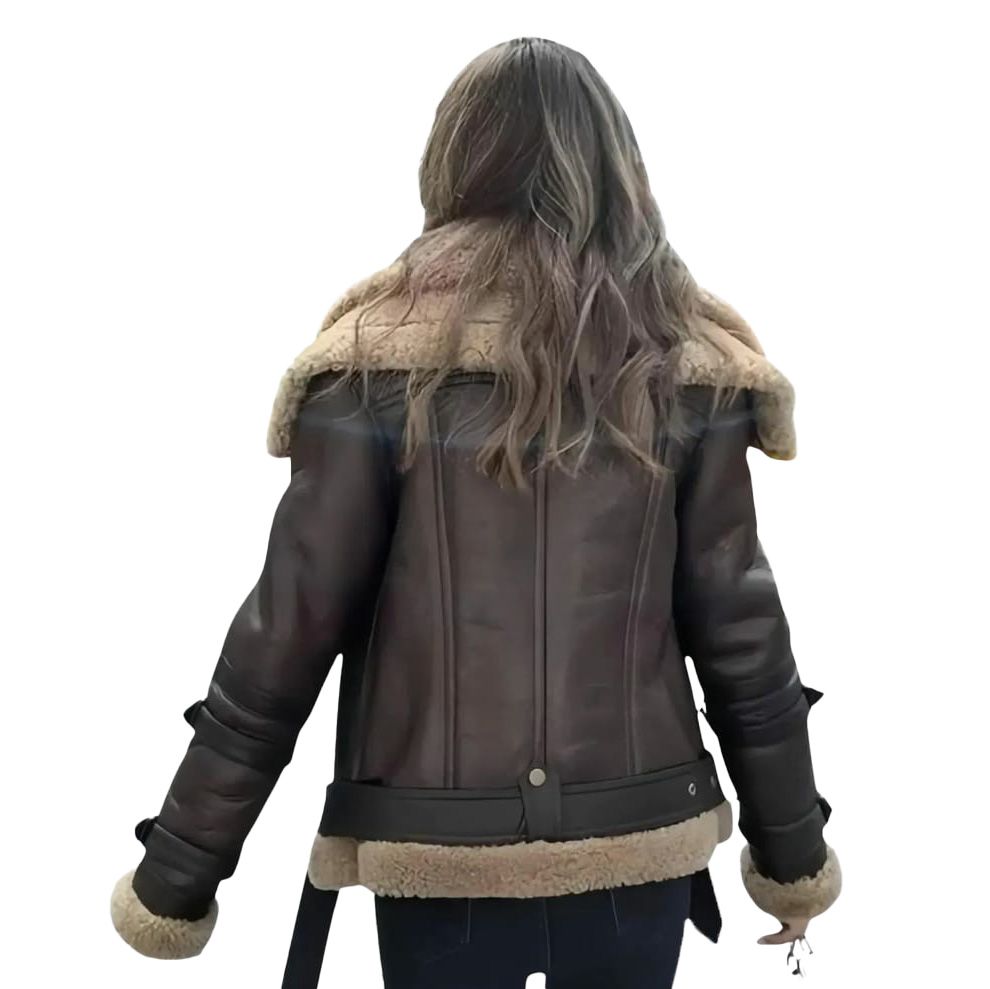 women's shearling-lined leather coat in brown and tan, additional view 2, manufactured by Abeeha Leather Industry