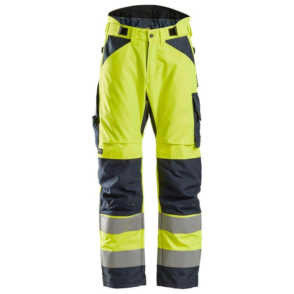 hi-vis work trousers in yellow and navy with reinforced knees, front view, manufactured by Abeeha Leather Industry
