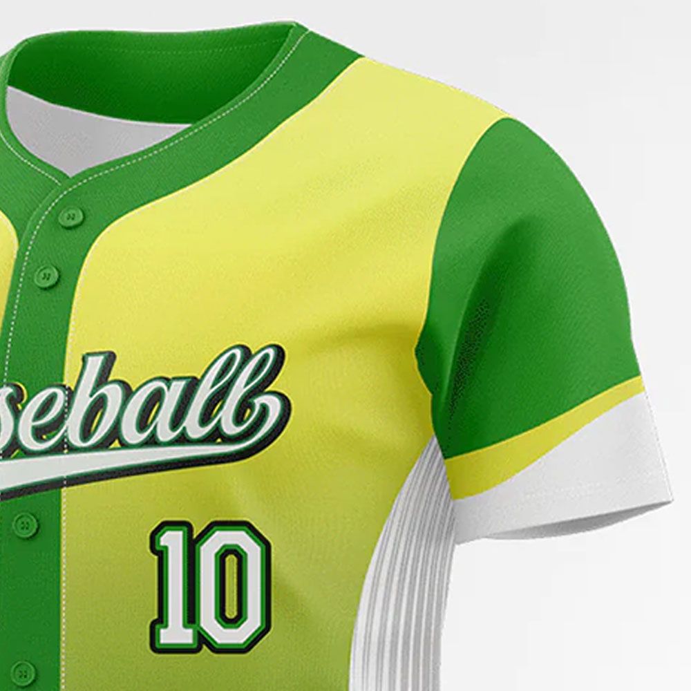 sublimated baseball jersey in green and yellow gradient, additional view 4, manufactured by Abeeha Leather Industry
