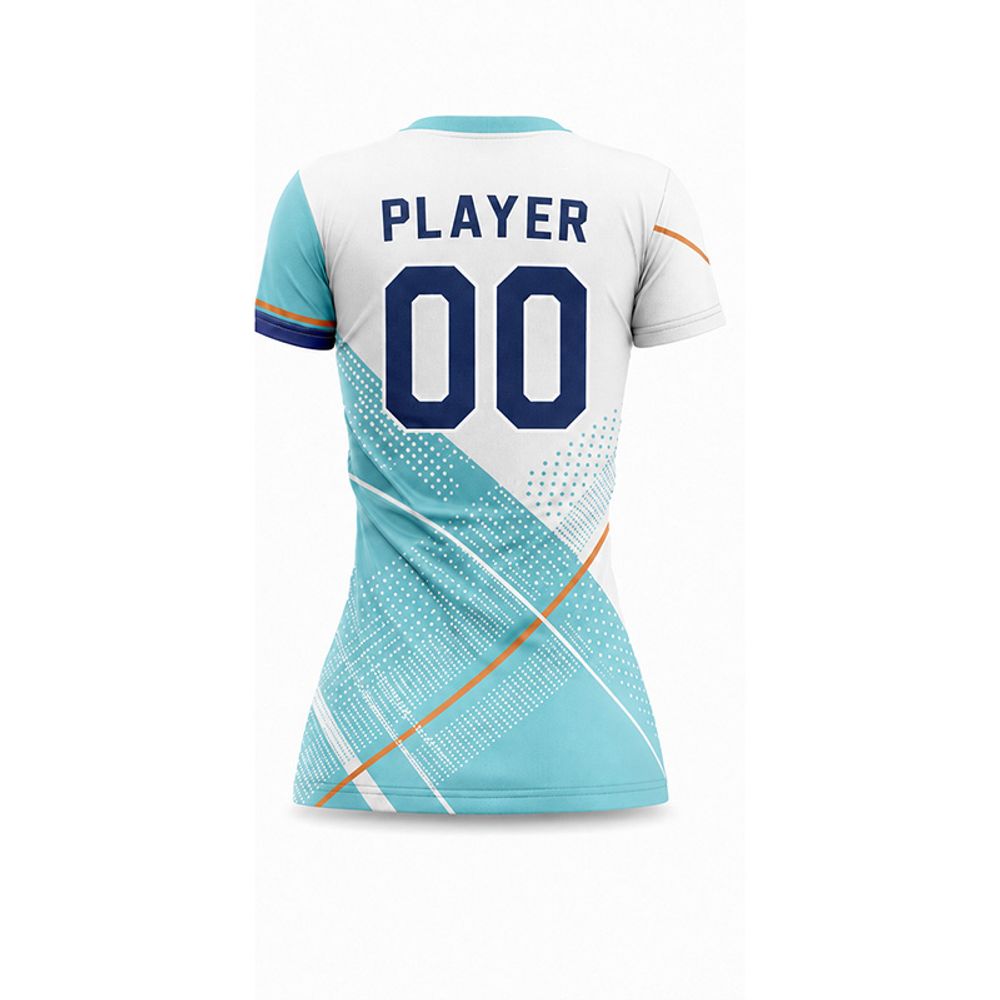 women's sublimated football jersey in teal and white, additional view 3, manufactured by Abeeha Leather Industry