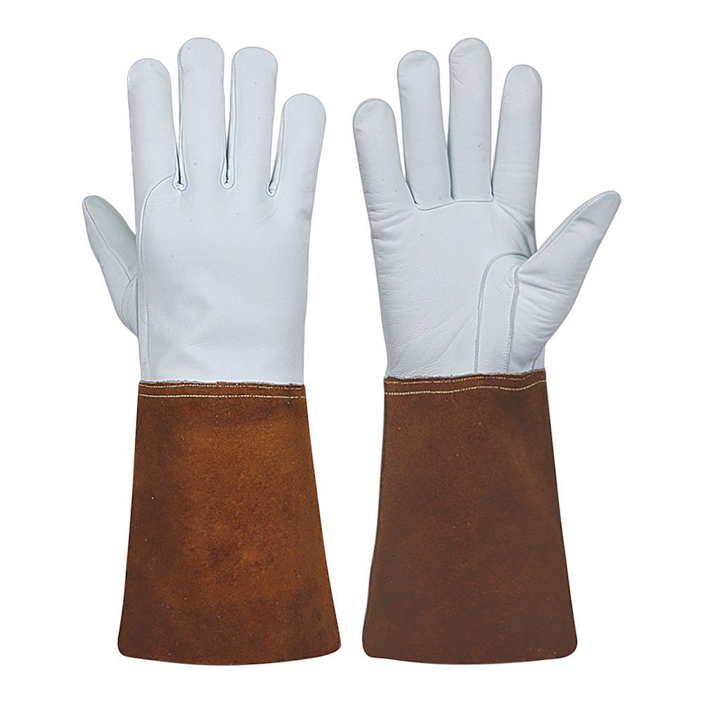 TIG welding gloves in white grain leather with a rust-brown split-leather cuff, front view, manufactured by Abeeha Leather Industry