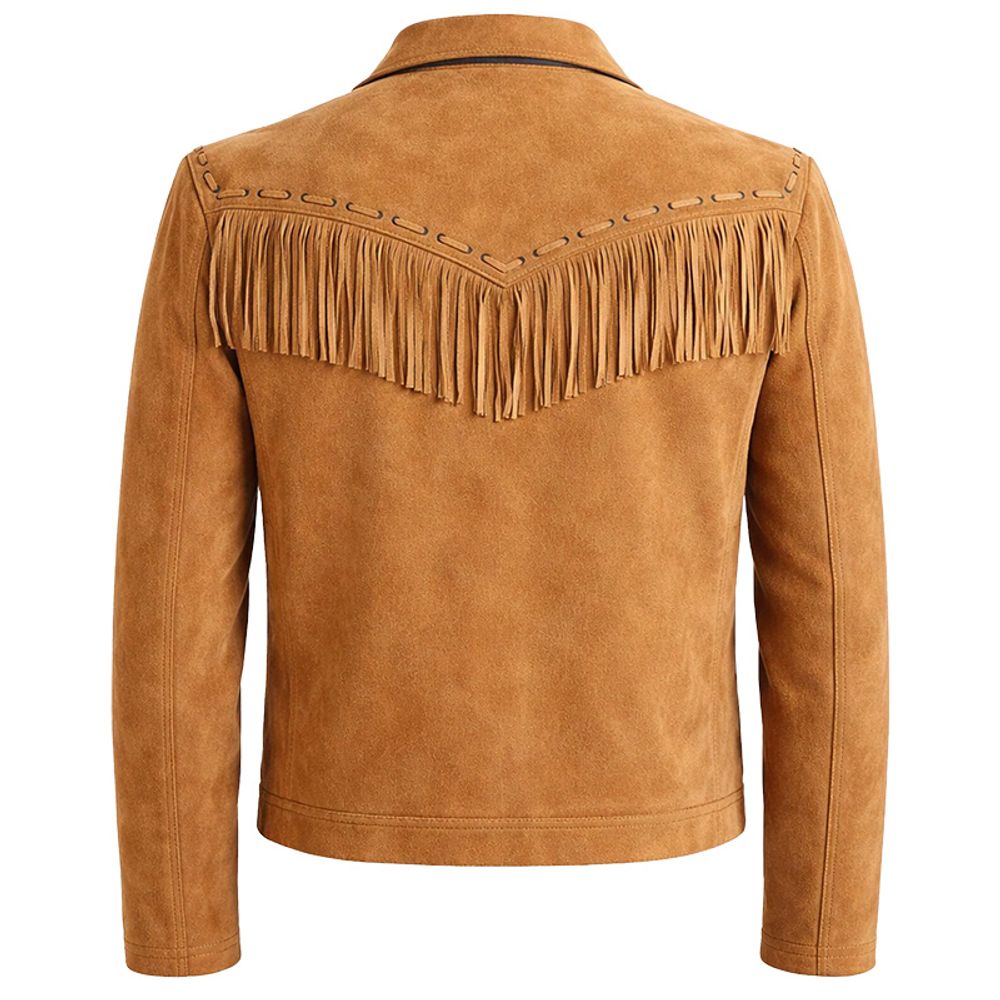 men's suede fringe jacket in tan, additional view 2, manufactured by Abeeha Leather Industry