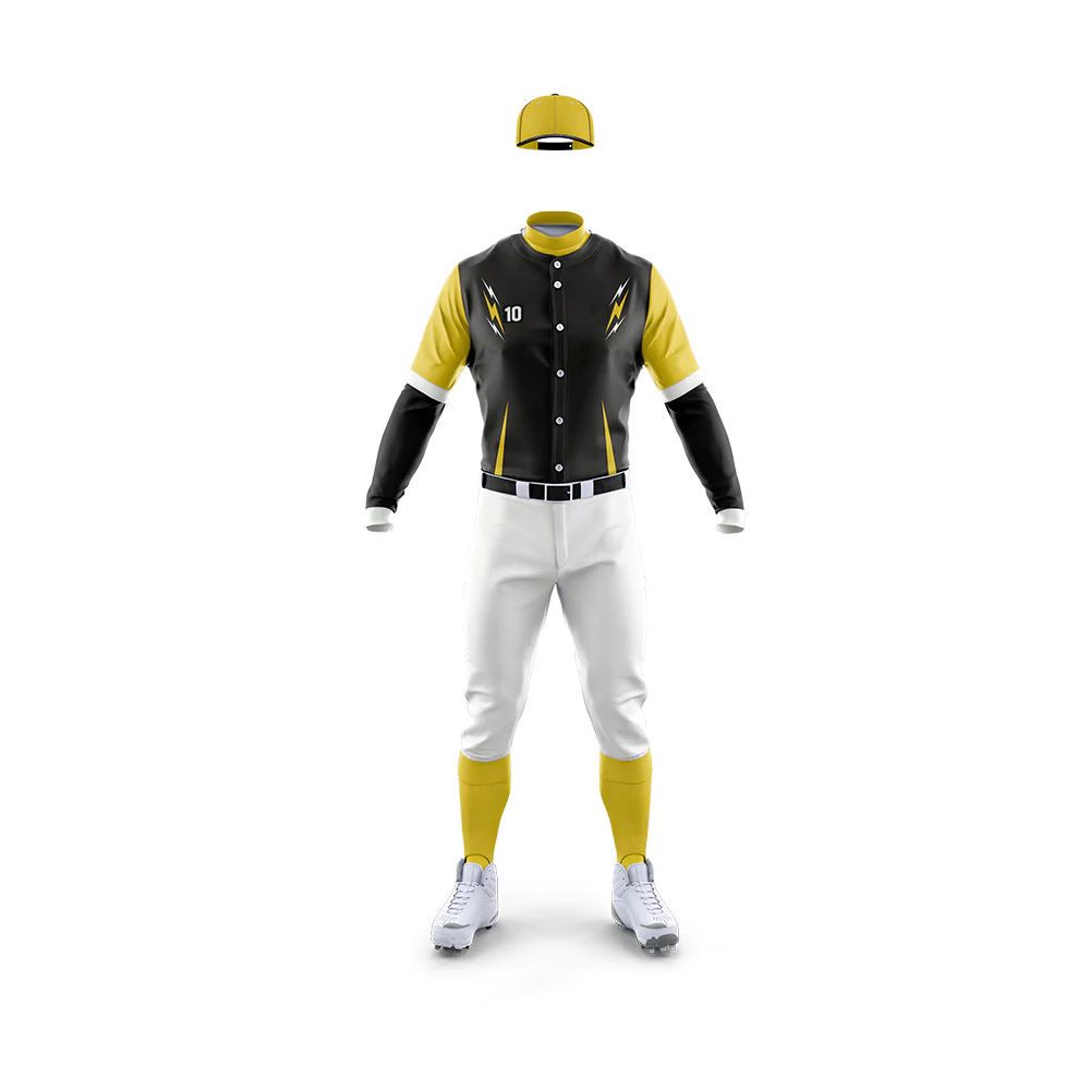 sublimated baseball uniform in black and yellow with a lightning graphic, additional view 2, manufactured by Abeeha Leather Industry
