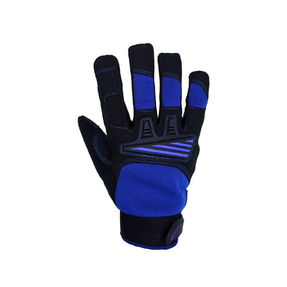 impact mechanic gloves in blue and black synthetic with a ridged knuckle guard, additional view 2, manufactured by Abeeha Leather Industry