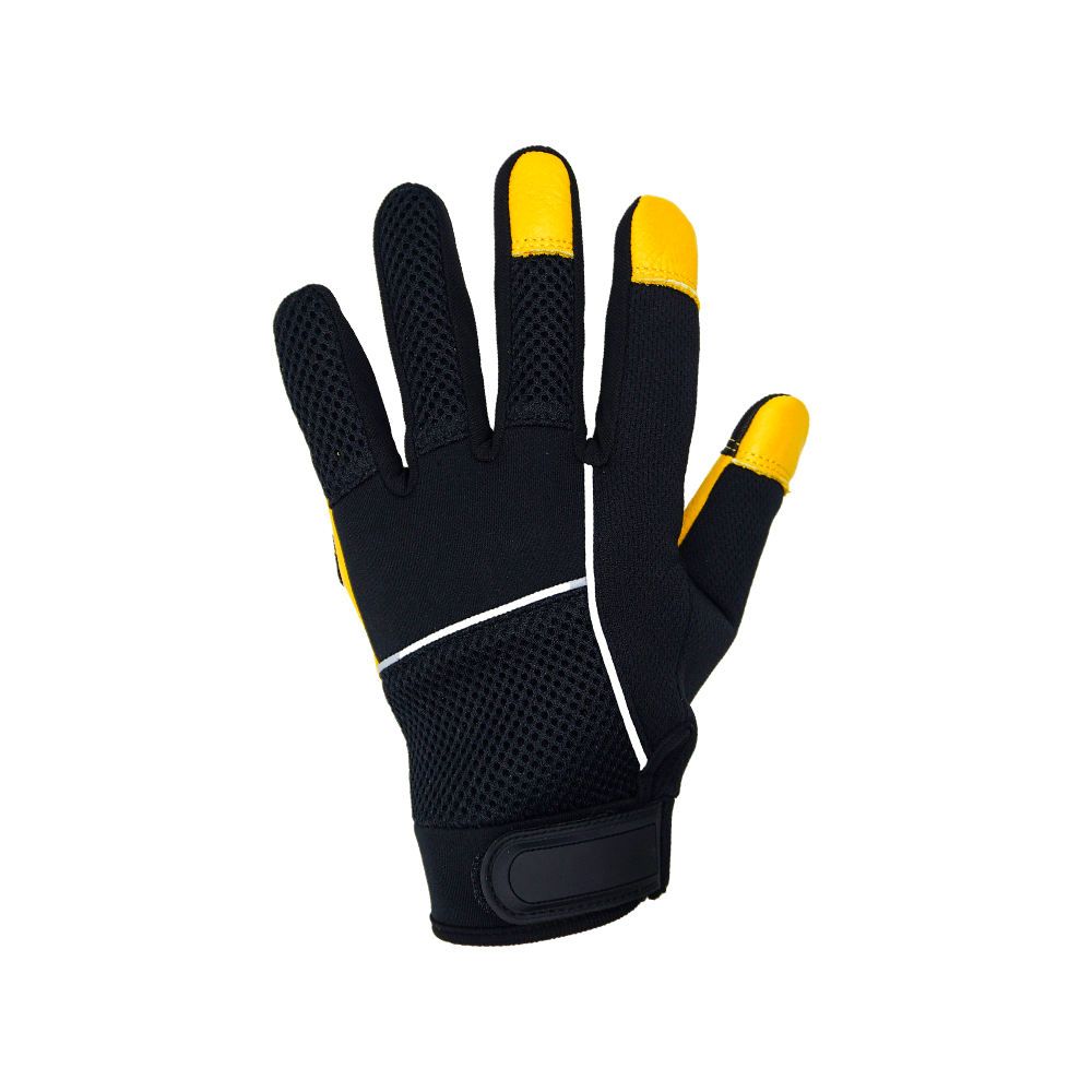 mechanic gloves in yellow and black synthetic with a reflective stripe, additional view 2, manufactured by Abeeha Leather Industry