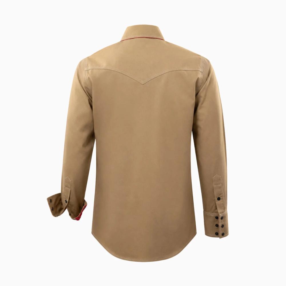 men's FR shirt in khaki with a red pocket accent, additional view 2, manufactured by Abeeha Leather Industry
