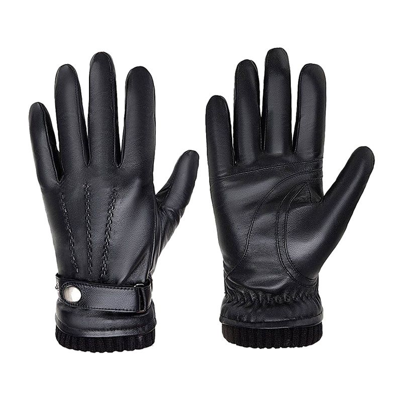 men's leather dress gloves in black with a ribbed knit cuff, front view, manufactured by Abeeha Leather Industry