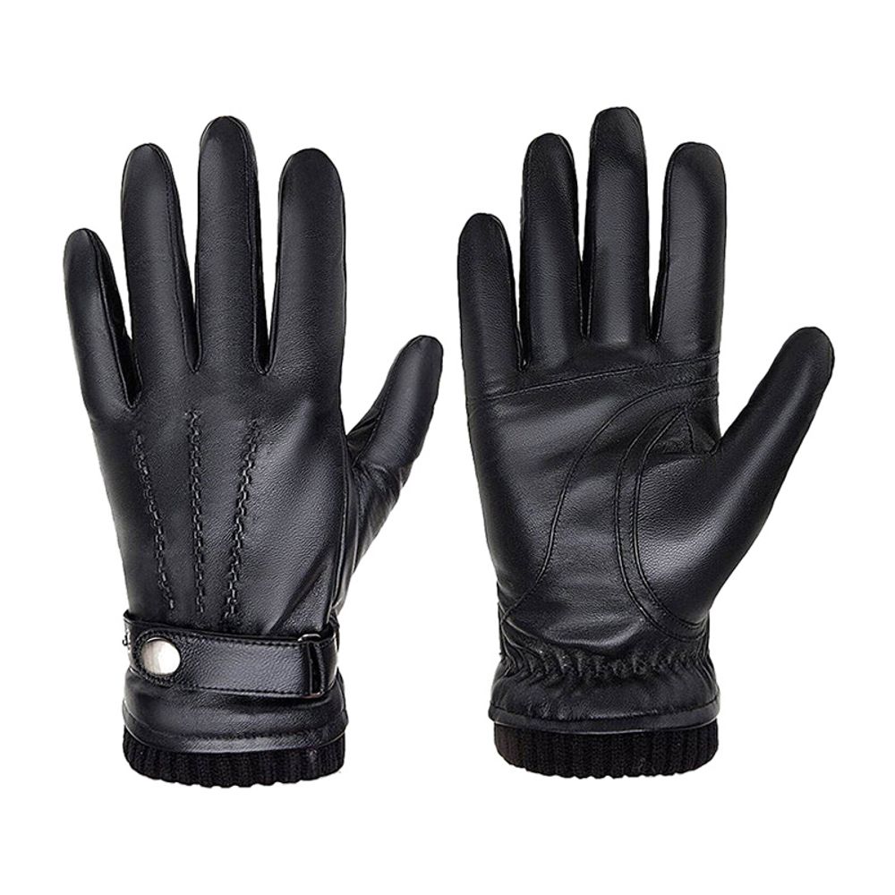 men's leather dress gloves in black with a ribbed knit cuff, front view, manufactured by Abeeha Leather Industry