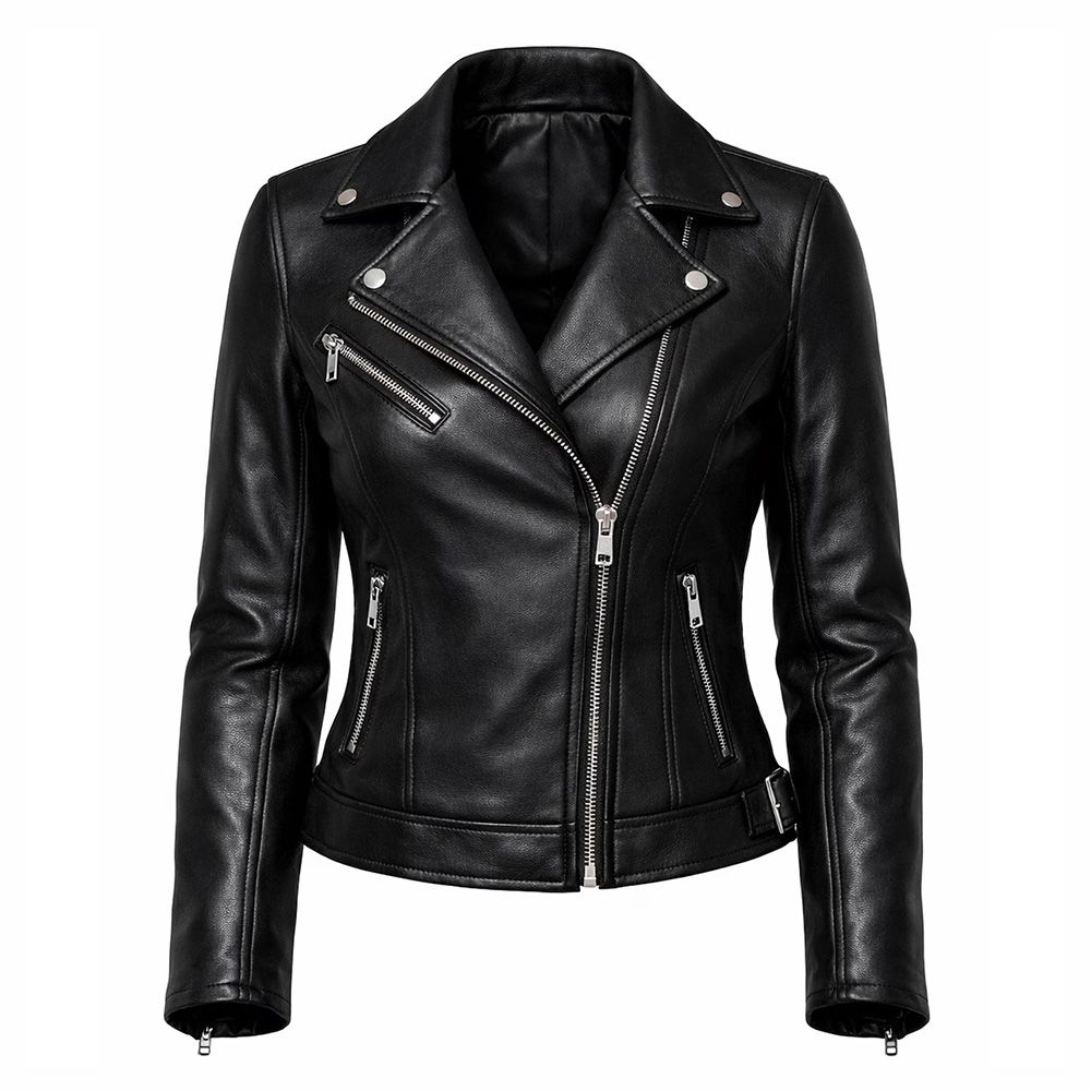 women's leather biker jacket in black, front view, manufactured by Abeeha Leather Industry