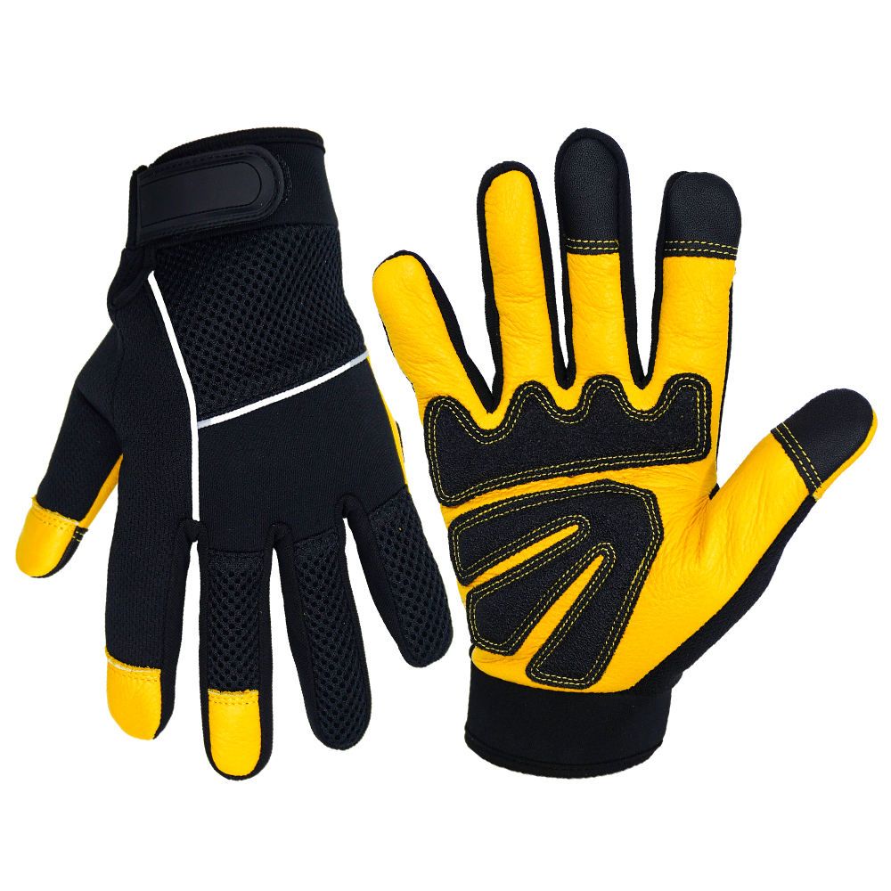 mechanic gloves in yellow and black synthetic with a reflective stripe, front view, manufactured by Abeeha Leather Industry