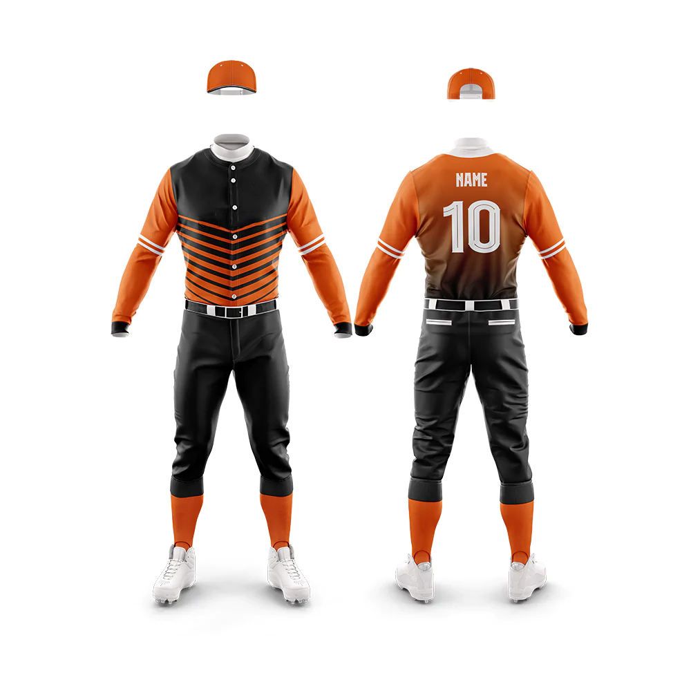 sublimated baseball uniform in orange and black, front view, manufactured by Abeeha Leather Industry