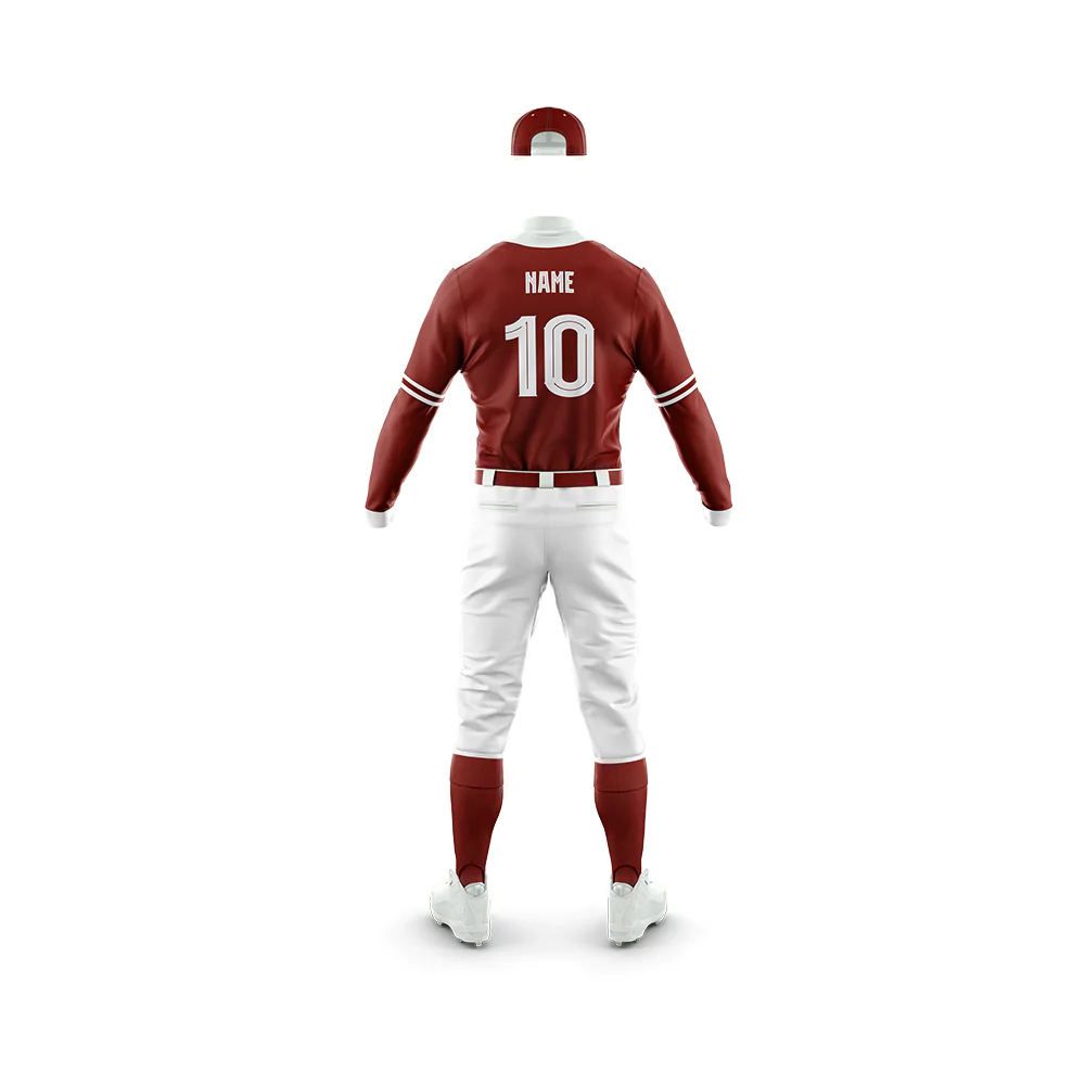 sublimated baseball uniform in maroon and white, additional view 3, manufactured by Abeeha Leather Industry