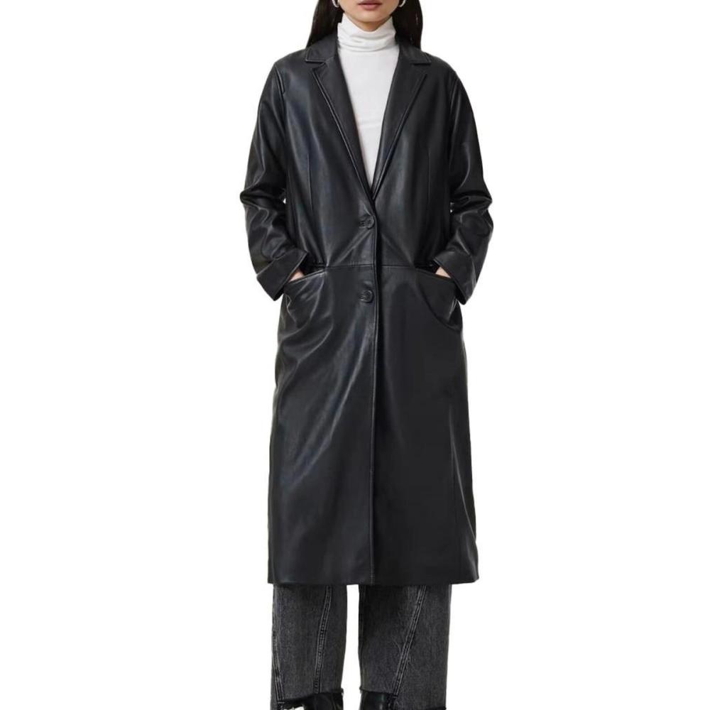 women's leather long coat in black, front view, manufactured by Abeeha Leather Industry