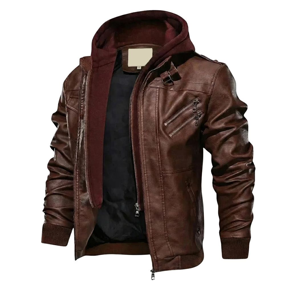 men's leather jacket in brown with a hood and epaulettes, additional view 3, manufactured by Abeeha Leather Industry