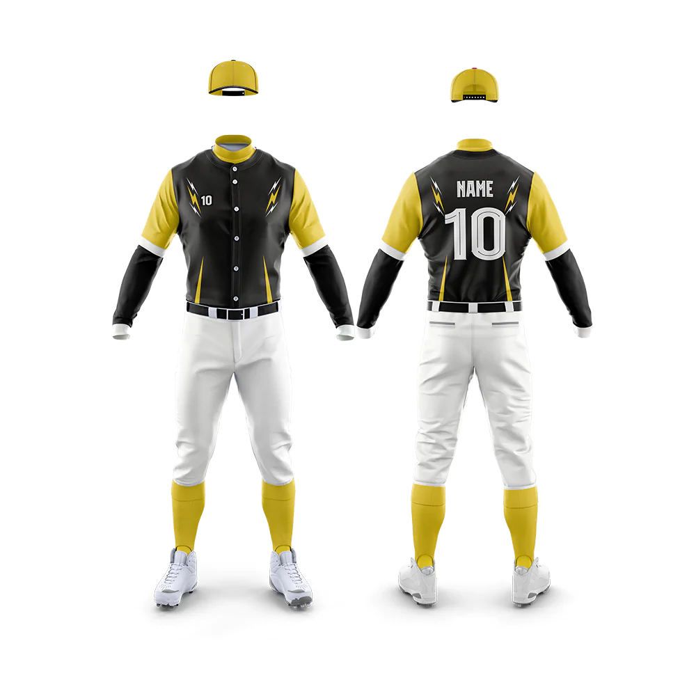sublimated baseball uniform in black and yellow with a lightning graphic, front view, manufactured by Abeeha Leather Industry