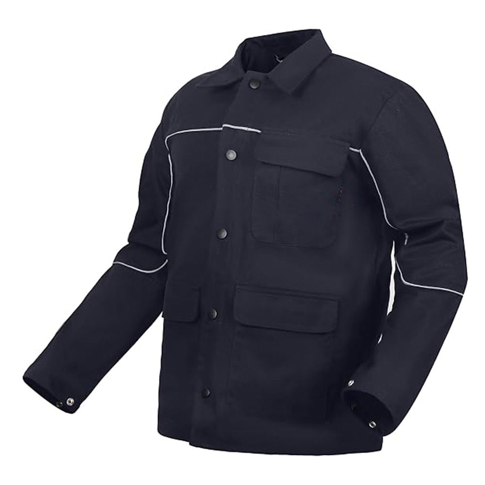 FR cotton welding jacket in black with reflective piping, additional view 2, manufactured by Abeeha Leather Industry