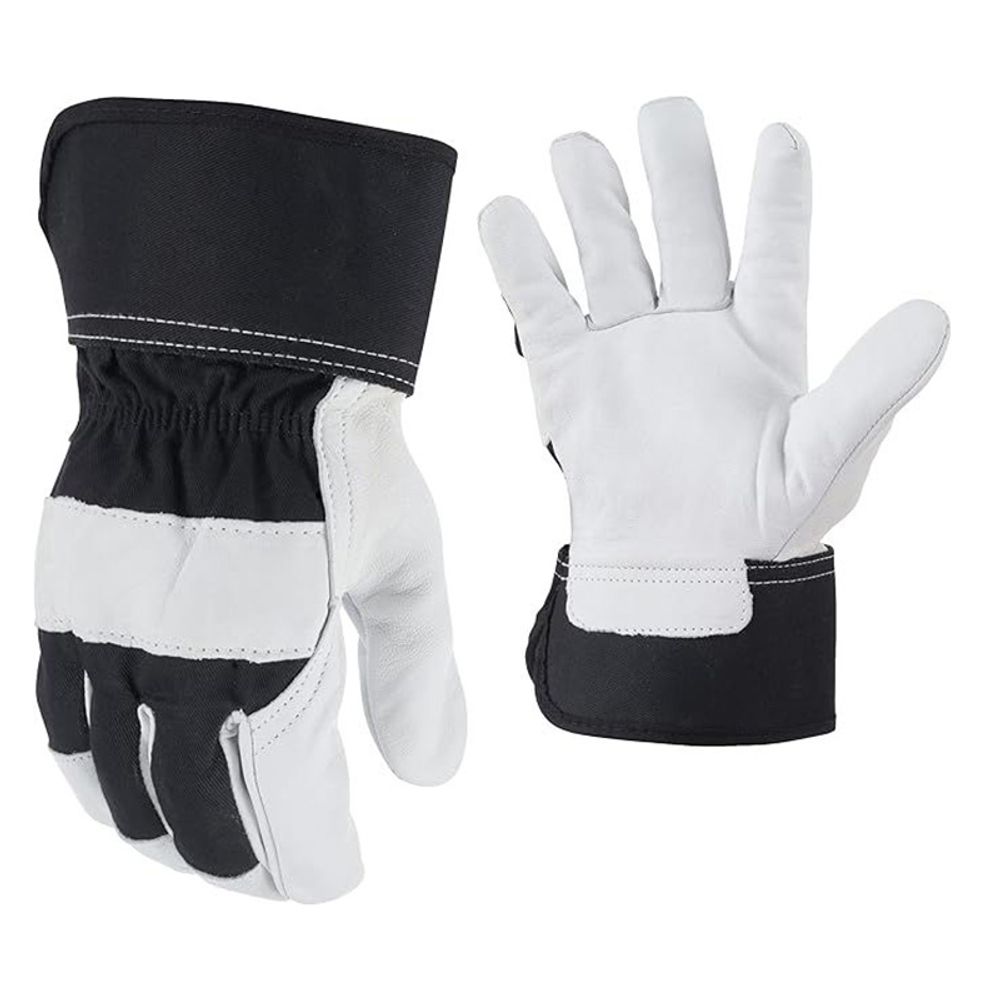 rigger gloves in white grain leather with a black canvas back, front view, manufactured by Abeeha Leather Industry