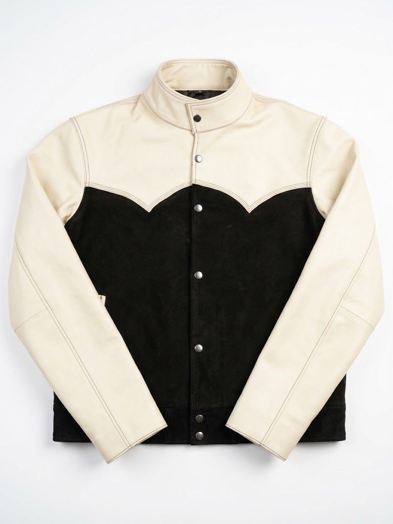 welding jacket in cream and black with a cape yoke, additional view 2, manufactured by Abeeha Leather Industry
