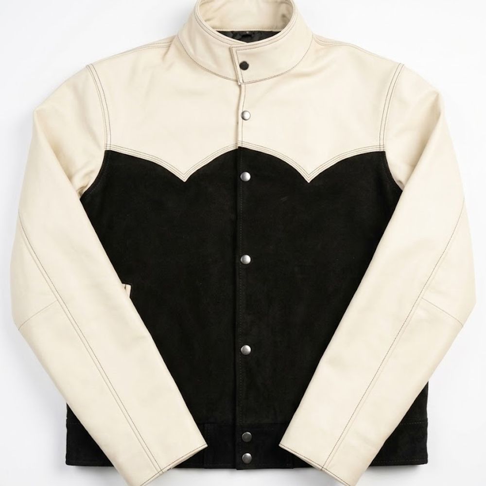 welding jacket in cream and black with a cape yoke, additional view 2, manufactured by Abeeha Leather Industry