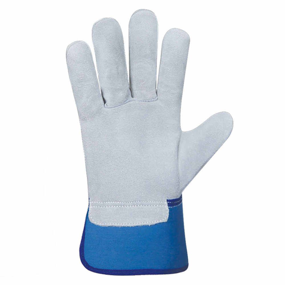 rigger gloves in grey split leather with a blue canvas cuff, additional view 2, manufactured by Abeeha Leather Industry