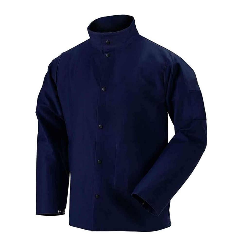 FR cotton welding jacket in navy, front view, manufactured by Abeeha Leather Industry