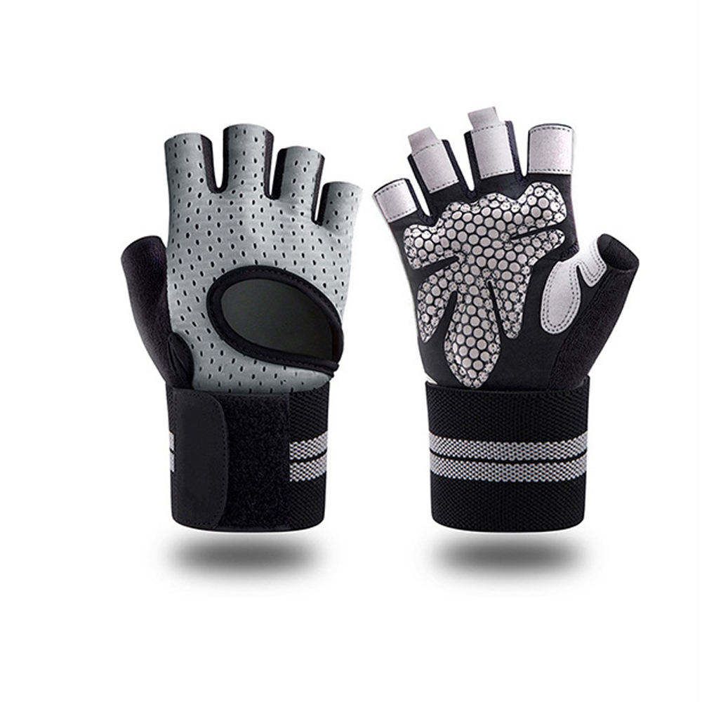 cycling gloves in grey with a silicone grip palm, front view, manufactured by Abeeha Leather Industry
