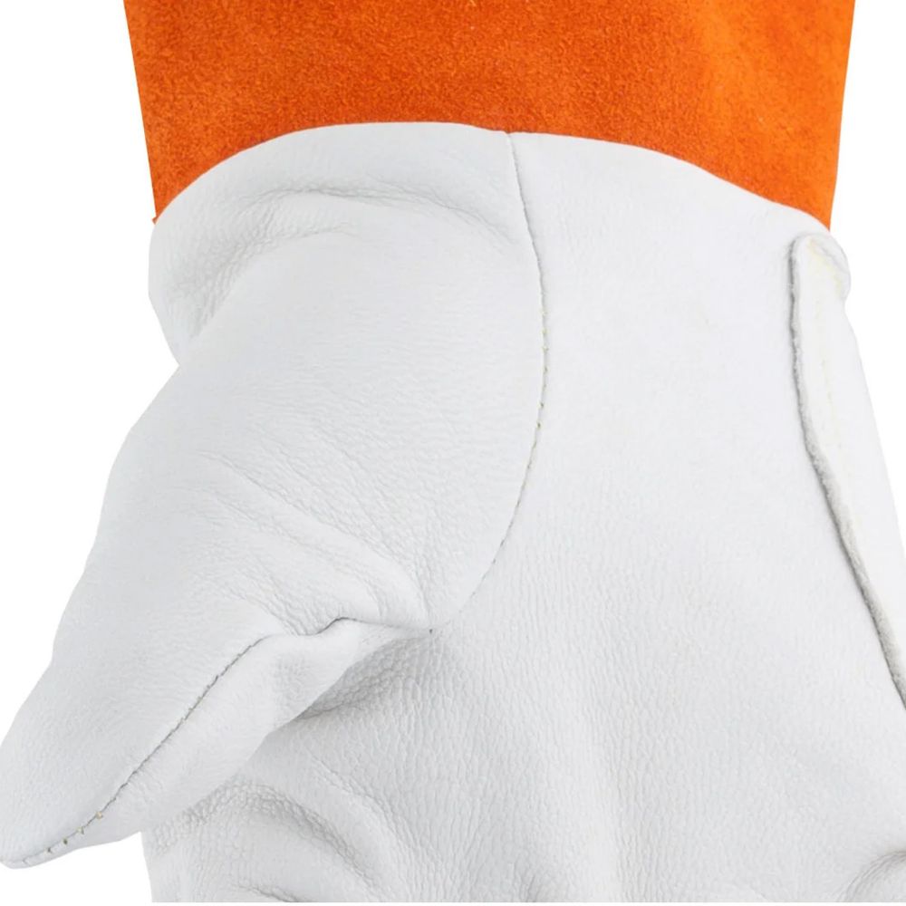 TIG welding gloves in white grain leather with an orange split-leather cuff, additional view 2, manufactured by Abeeha Leather Industry