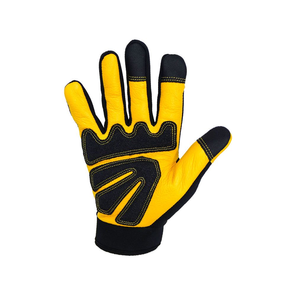 mechanic gloves in yellow and black synthetic with a reflective stripe, additional view 3, manufactured by Abeeha Leather Industry