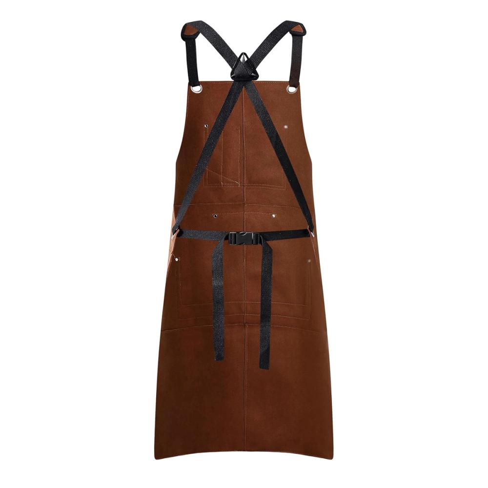 leather work apron in brown with multiple tool pockets, additional view 2, manufactured by Abeeha Leather Industry