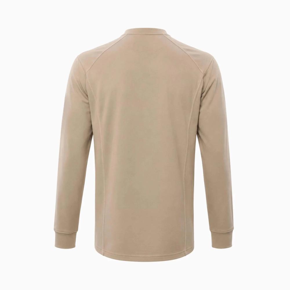 long-sleeve FR tee in khaki with red contrast trim, additional view 2, manufactured by Abeeha Leather Industry