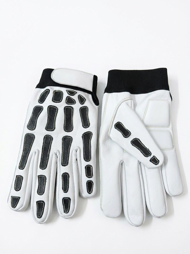 leather work gloves in white grain leather with a segmented knuckle guard, front view, manufactured by Abeeha Leather Industry