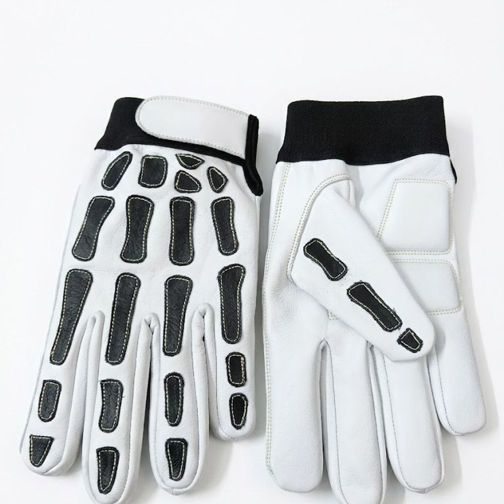 leather work gloves in white grain leather with a segmented knuckle guard, front view, manufactured by Abeeha Leather Industry