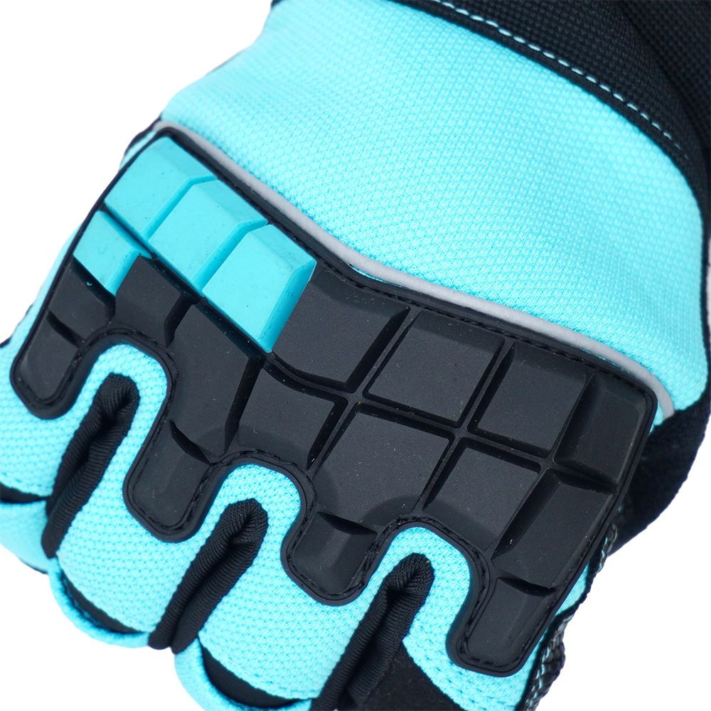 impact mechanic gloves in light blue and black synthetic with segmented knuckle pads, additional view 4, manufactured by Abeeha Leather Industry