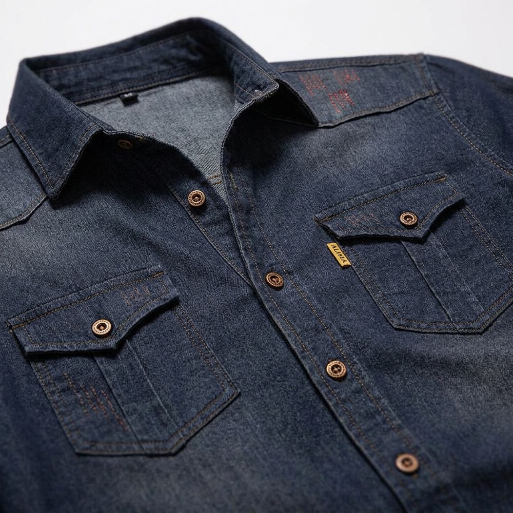 denim work shirt in dark wash, additional view 3, manufactured by Abeeha Leather Industry