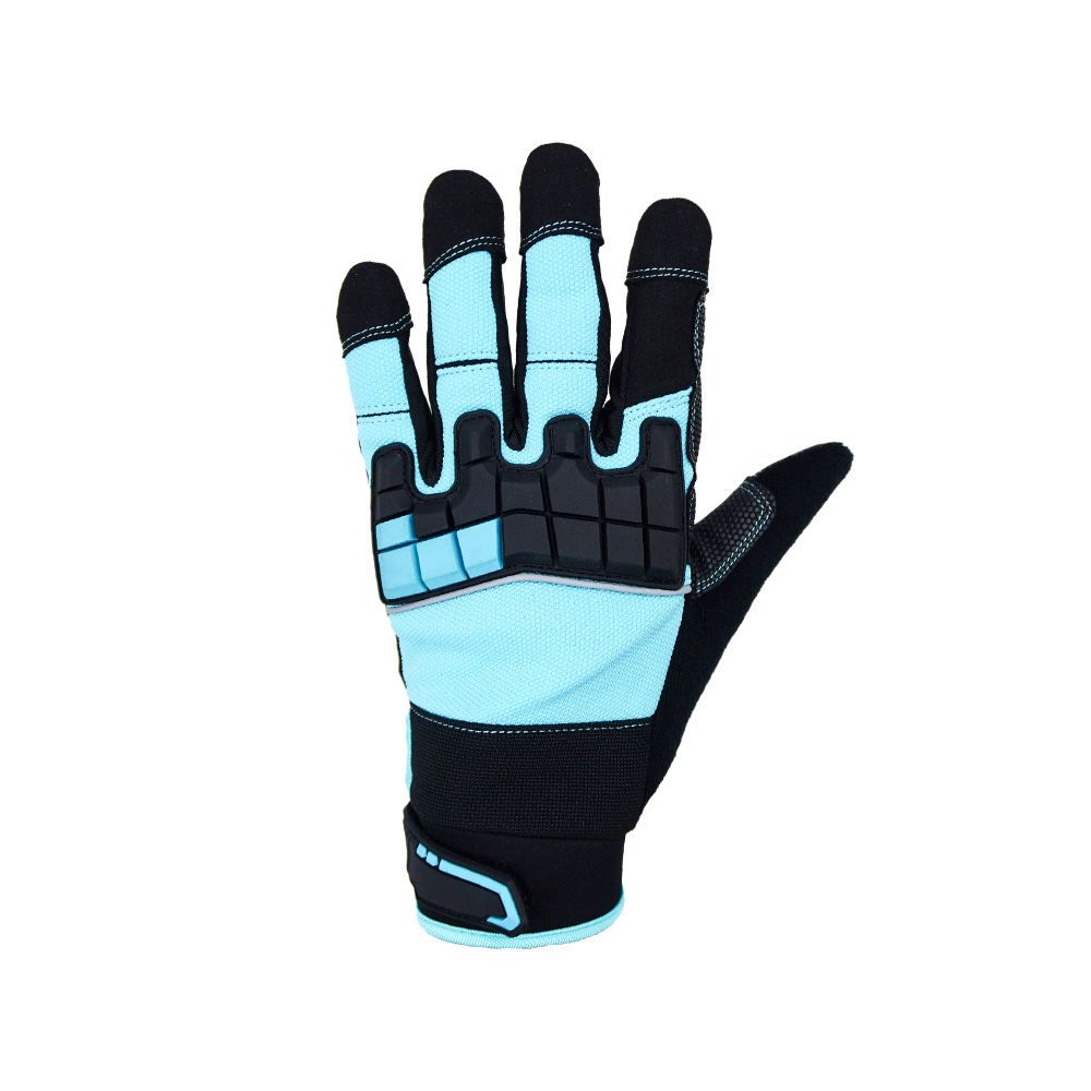 impact mechanic gloves in light blue and black synthetic with segmented knuckle pads, additional view 2, manufactured by Abeeha Leather Industry