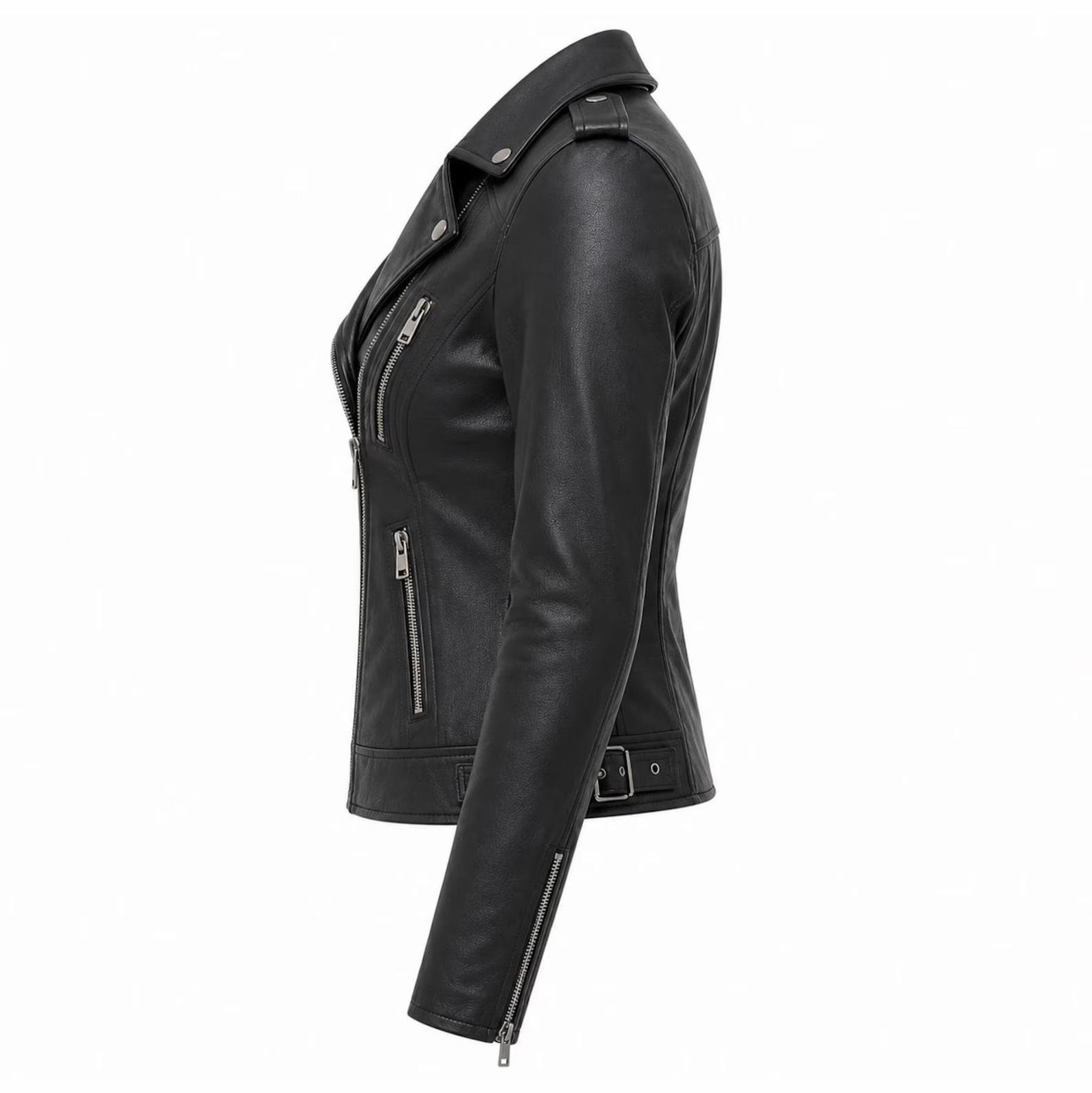women's leather biker jacket in black, additional view 3, manufactured by Abeeha Leather Industry