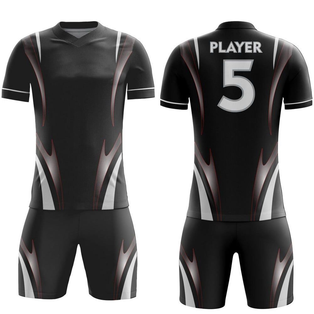 sublimated football kit in black, white and red streak, front view, manufactured by Abeeha Leather Industry