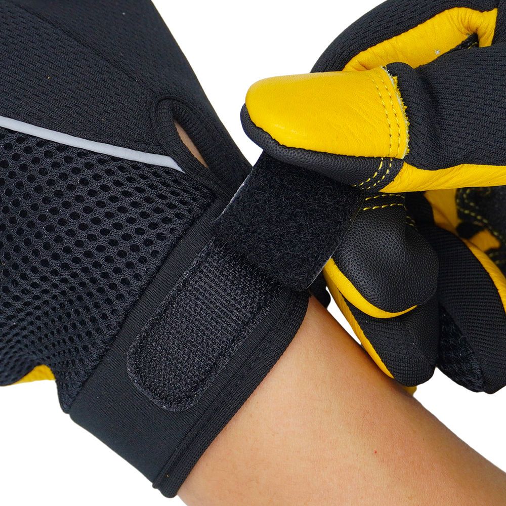 mechanic gloves in yellow and black synthetic with a reflective stripe, additional view 6, manufactured by Abeeha Leather Industry