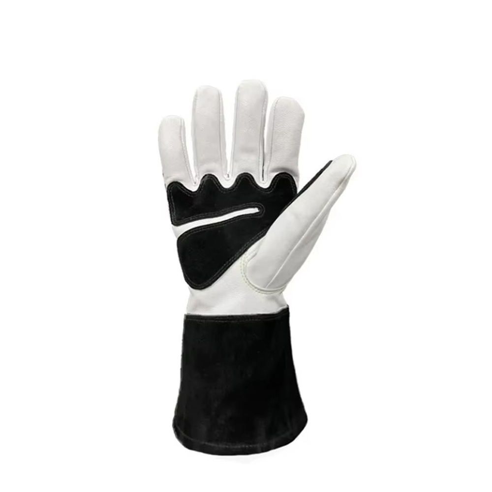 MIG welding gloves in black split leather with a white grain leather palm, additional view 4, manufactured by Abeeha Leather Industry