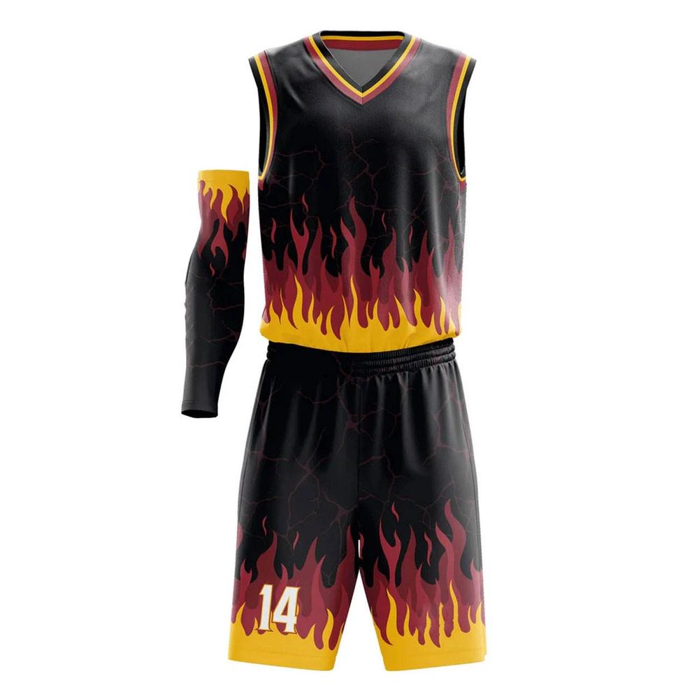 basketball uniform in black with a red flame graphic, front view, manufactured by Abeeha Leather Industry