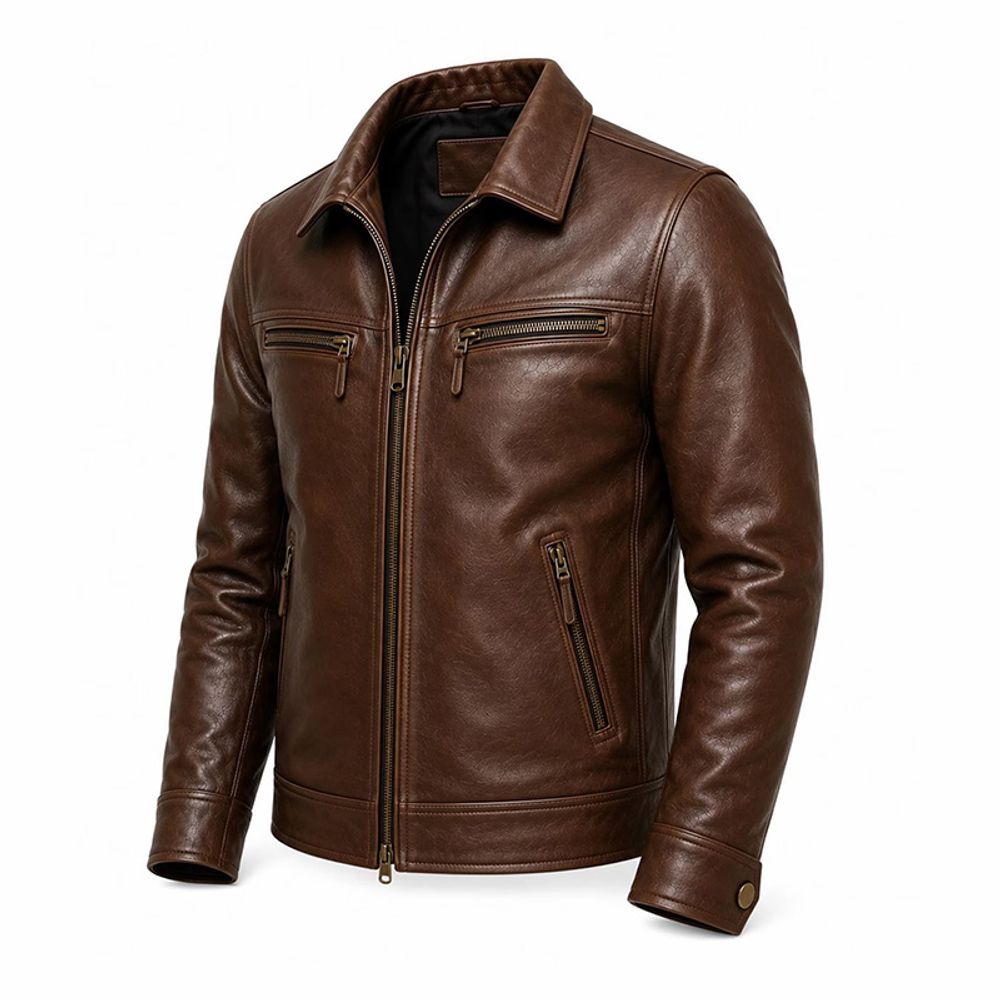 men's leather jacket in brown with zip pockets, additional view 3, manufactured by Abeeha Leather Industry