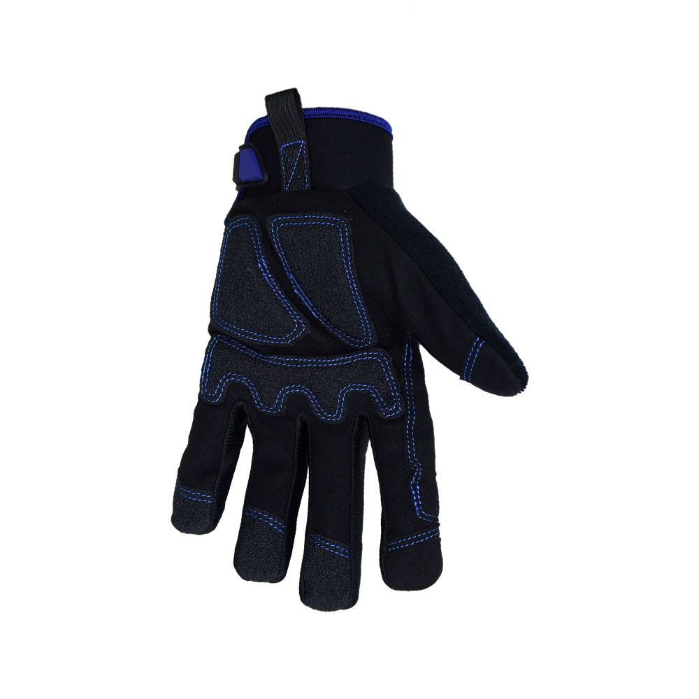 impact mechanic gloves in blue and black synthetic with a ridged knuckle guard, additional view 3, manufactured by Abeeha Leather Industry