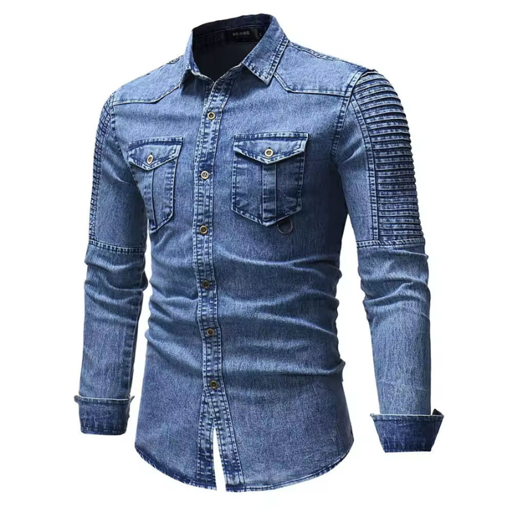 denim work shirt in mid wash with pintuck shoulder panels, additional view 3, manufactured by Abeeha Leather Industry