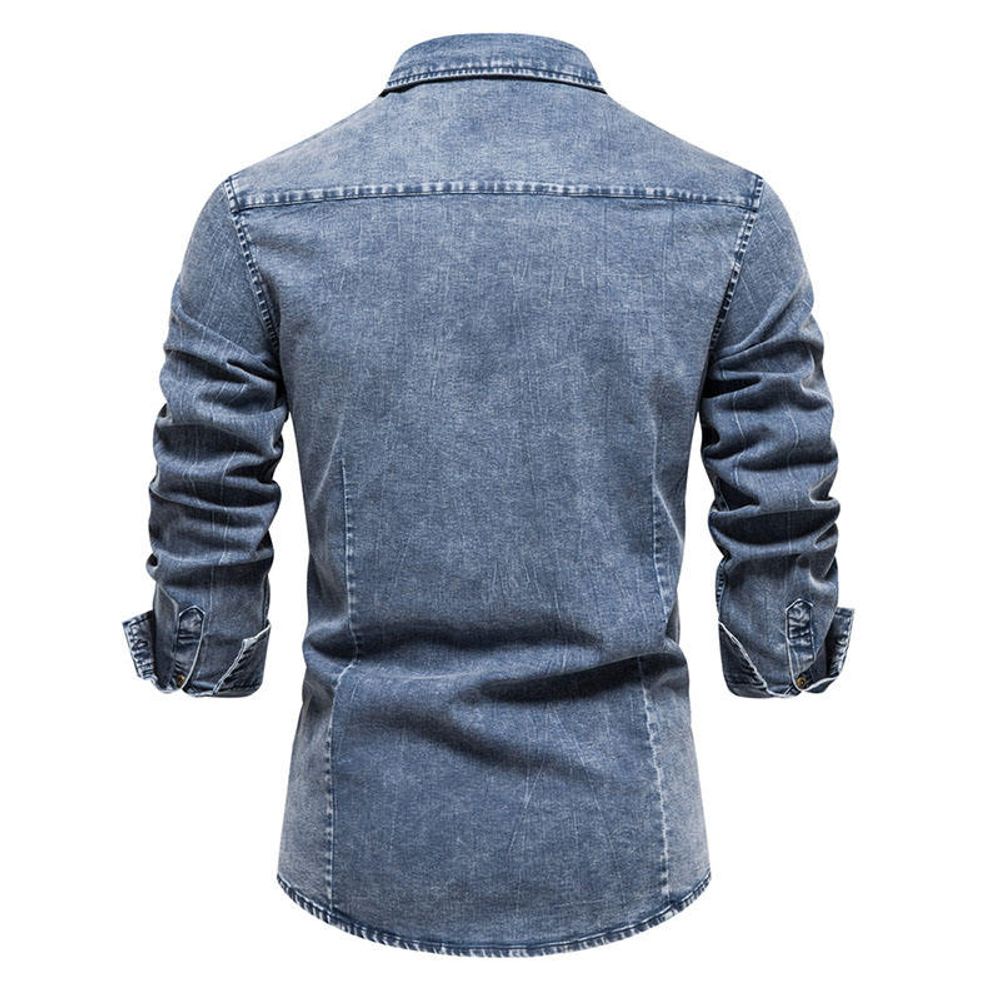 denim work shirt in light wash, additional view 2, manufactured by Abeeha Leather Industry