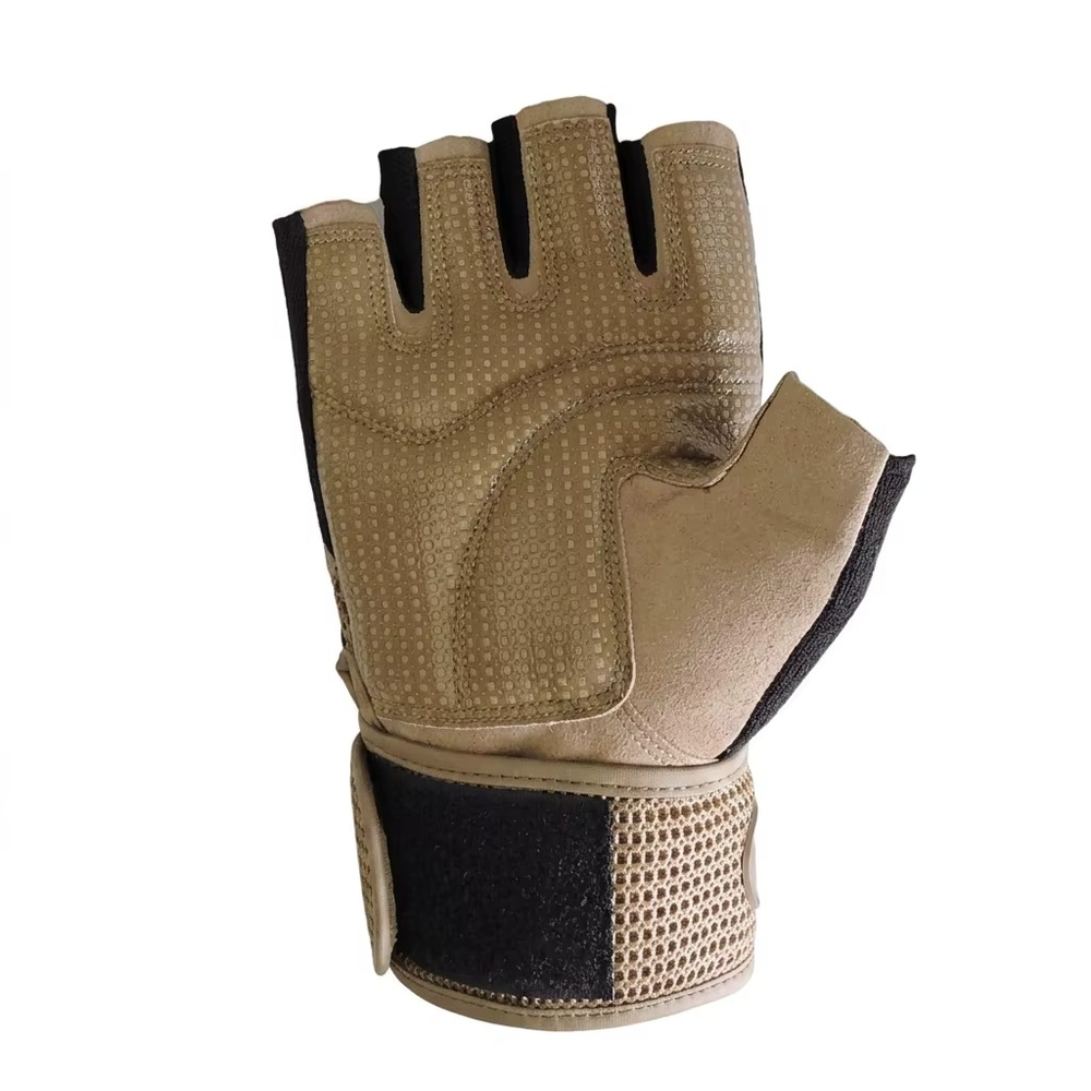 cycling gloves in tan mesh with a D-ring wrist wrap, additional view 2, manufactured by Abeeha Leather Industry