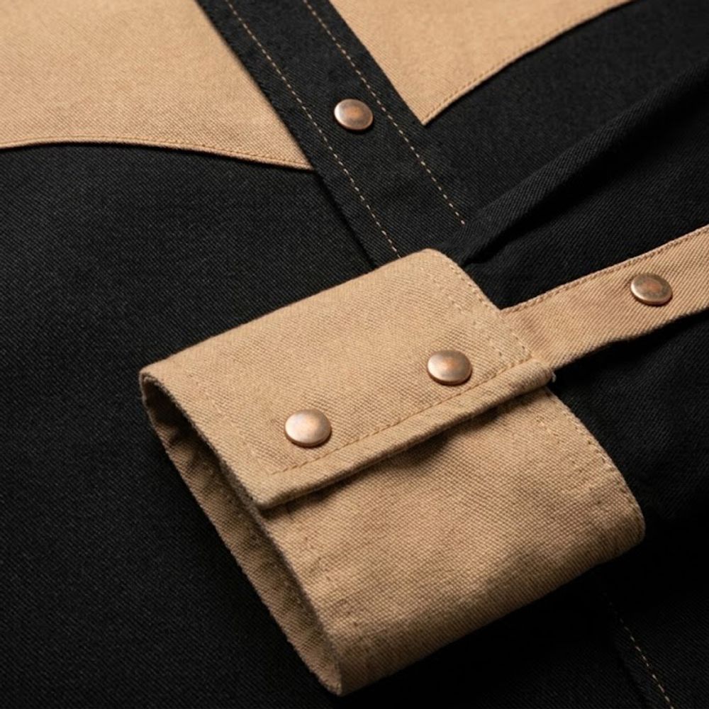 men's FR shirt in black with a tan colour-block yoke and pockets, additional view 3, manufactured by Abeeha Leather Industry
