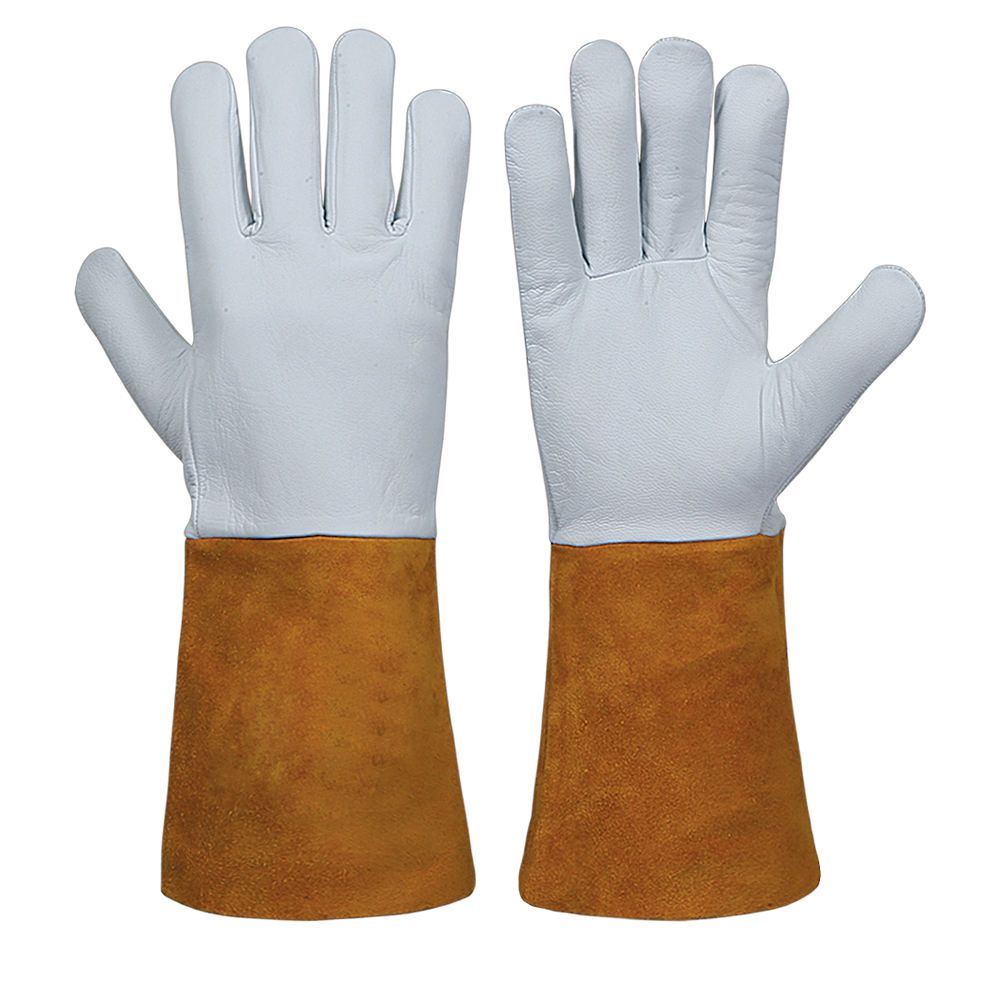 TIG welding gloves in white grain leather with a tan split-leather cuff, front view, manufactured by Abeeha Leather Industry