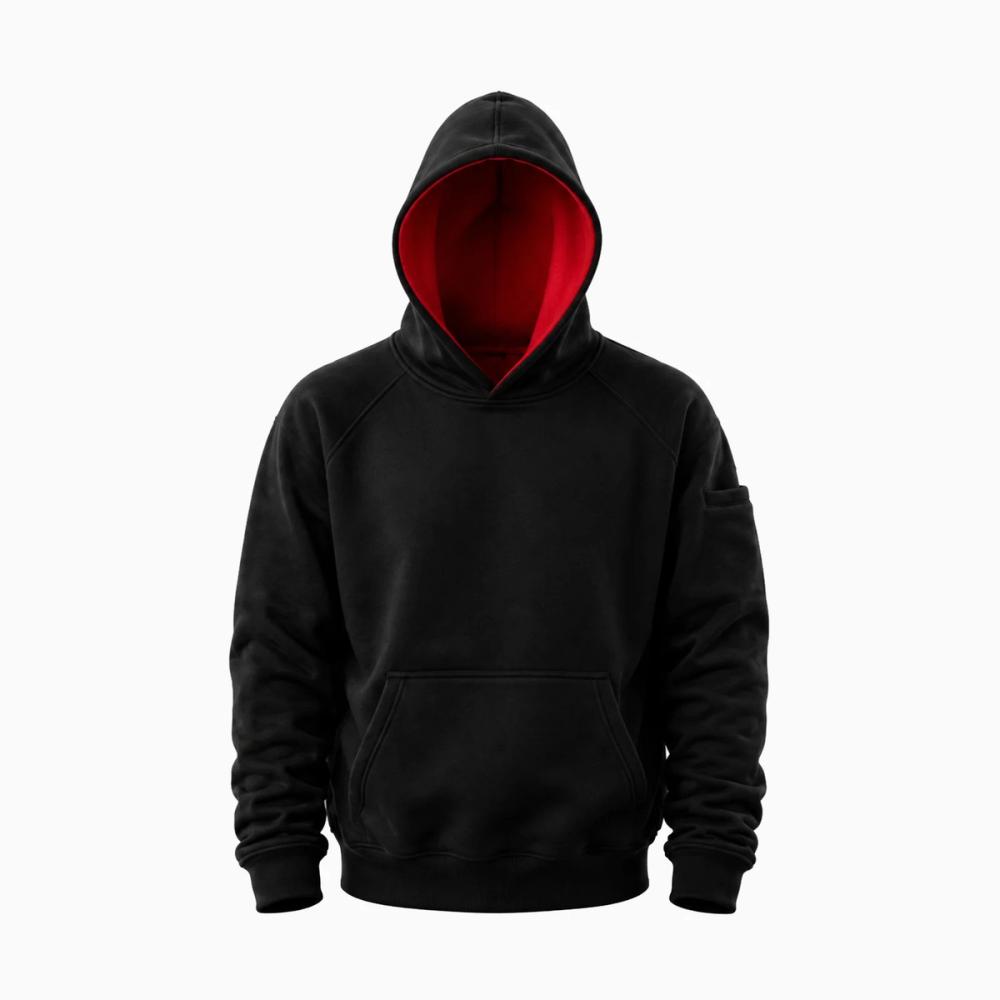 pullover hoodie in black with a red hood lining, front view, manufactured by Abeeha Leather Industry