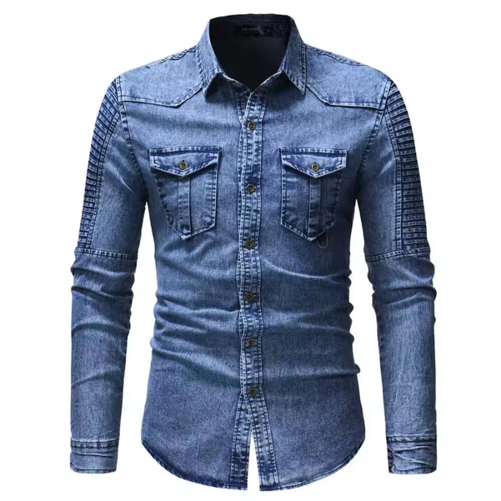 denim work shirt in mid wash with pintuck shoulder panels, front view, manufactured by Abeeha Leather Industry
