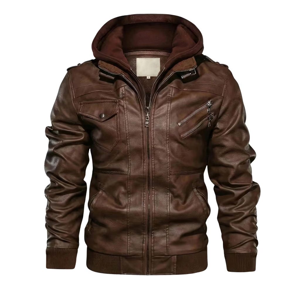 men's leather jacket in brown with a hood and epaulettes, front view, manufactured by Abeeha Leather Industry